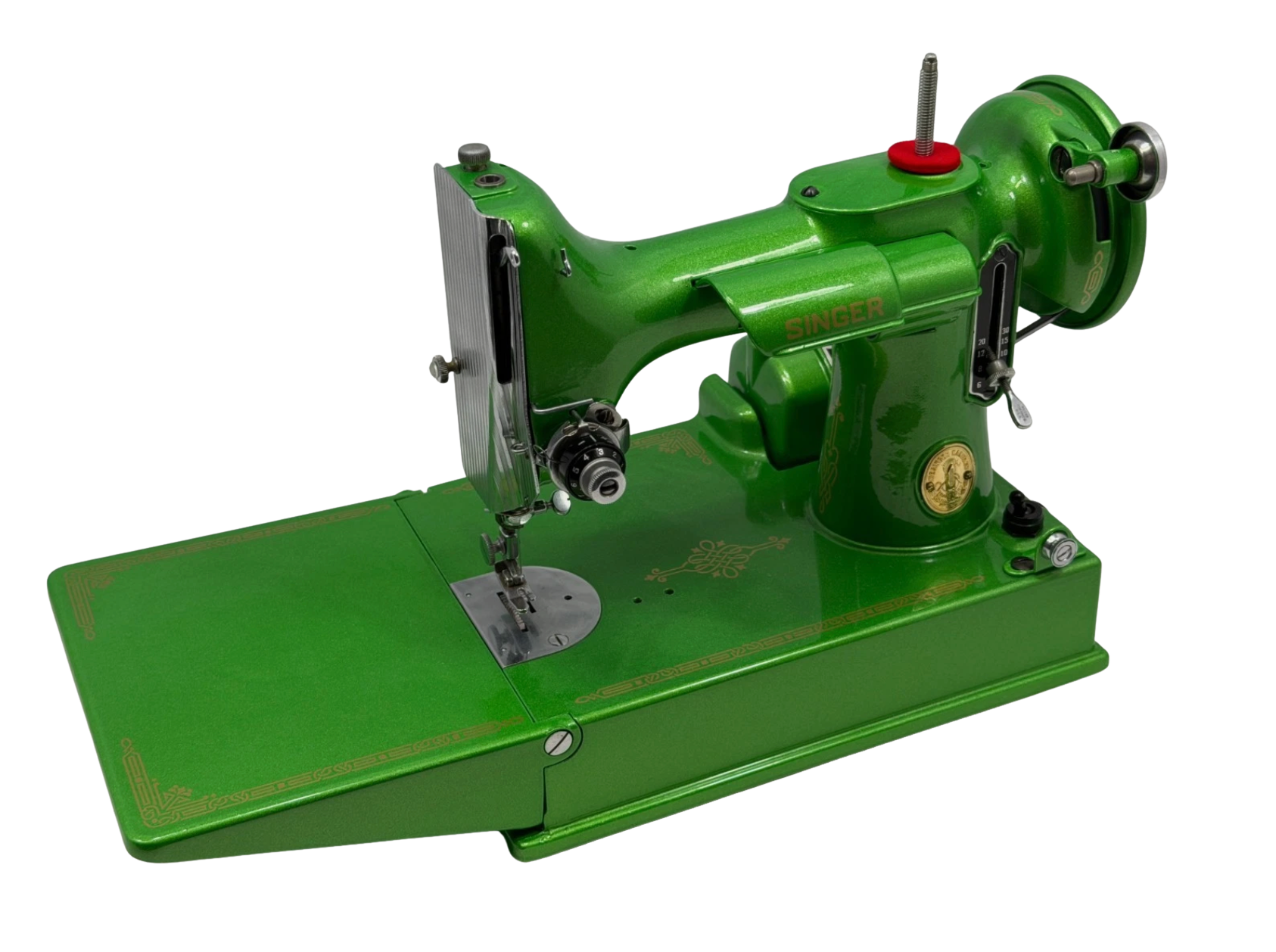 1947 Singer 221 Featherweight Sewing Machine – Metallic Green Custom Restored w/ Gold Decals, Case & Accessories, Quilting Machine