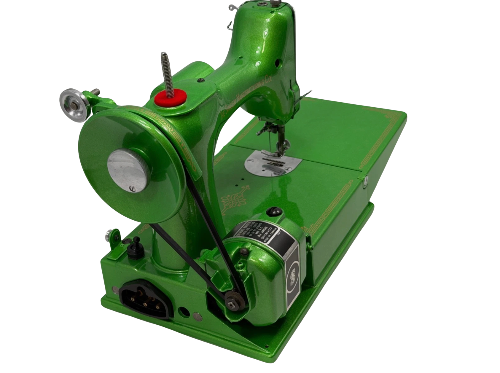 1947 Singer 221 Featherweight Sewing Machine – Metallic Green Custom Restored w/ Gold Decals, Case & Accessories, Quilting Machine