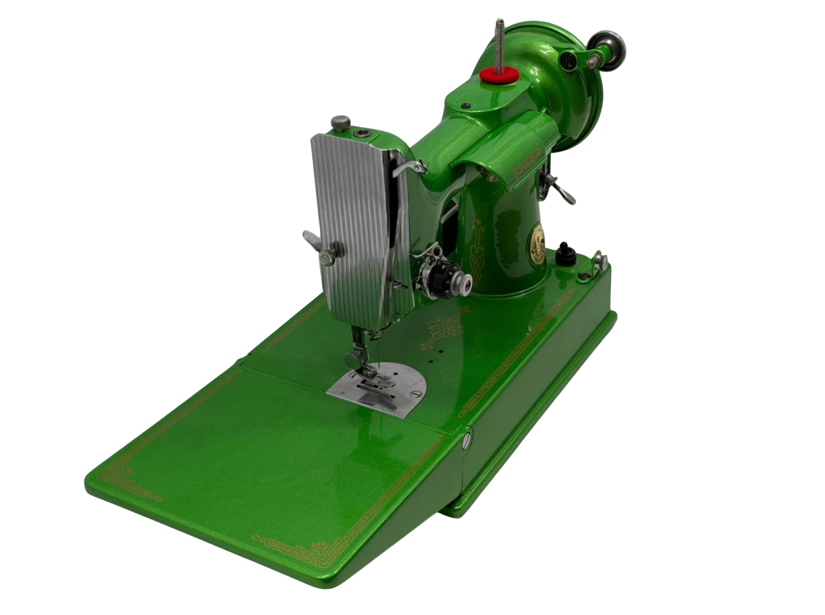 1947 Singer 221 Featherweight Sewing Machine – Metallic Green Custom Restored w/ Gold Decals, Case & Accessories, Quilting Machine