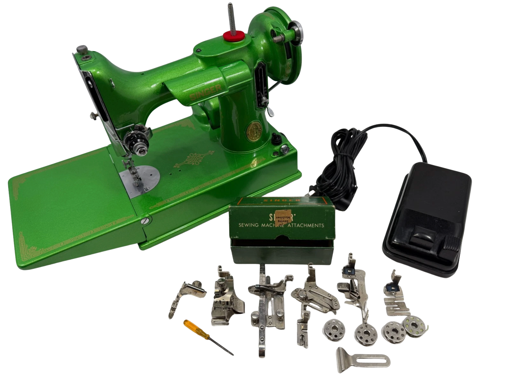 1947 Singer 221 Featherweight Sewing Machine – Metallic Green Custom Restored w/ Gold Decals, Case & Accessories, Quilting Machine