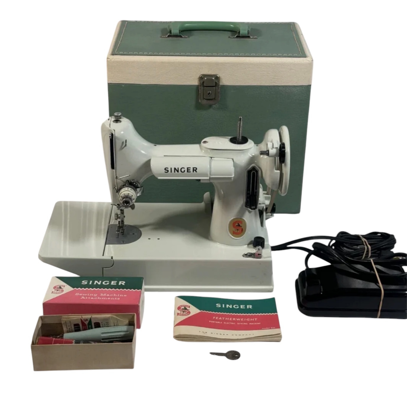 Rare 1964 White Singer 221 Featherweight – Red “S” Badge – All Original with Case & Key
