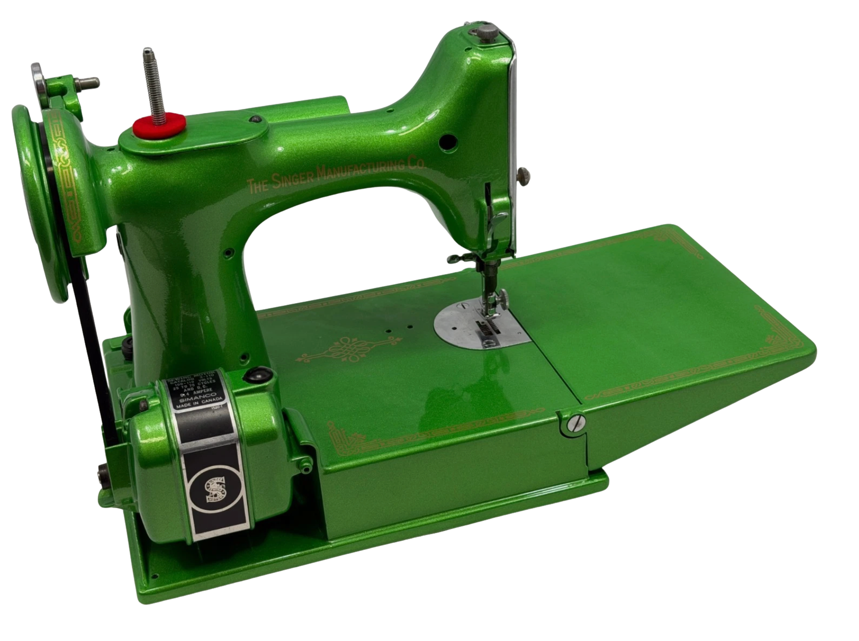 1947 Singer 221 Featherweight Sewing Machine – Metallic Green Custom Restored w/ Gold Decals, Case & Accessories, Quilting Machine